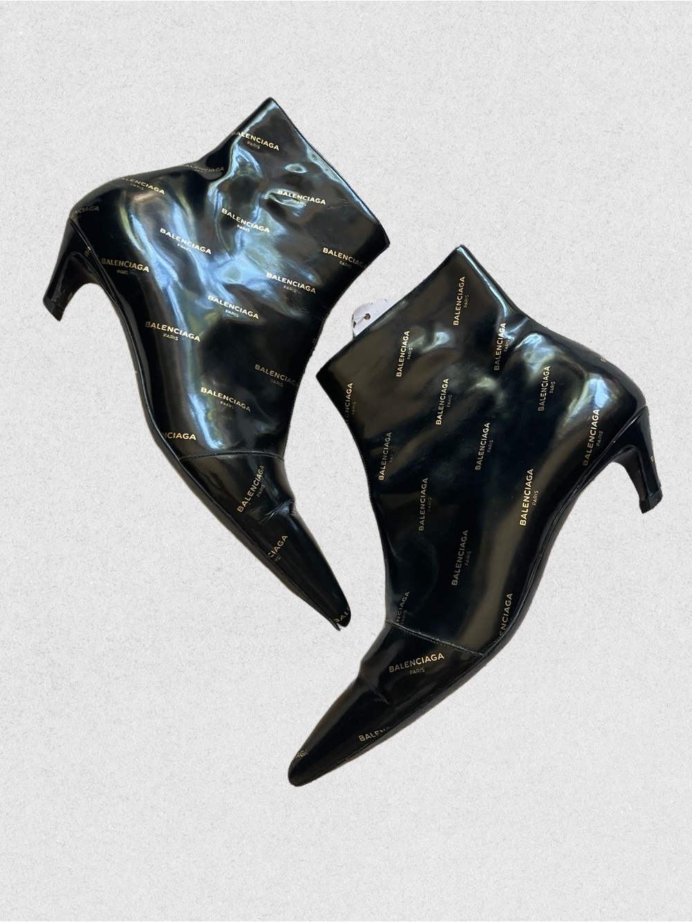 Balenciaga Black Patent Logo Pointed Ankle Booties